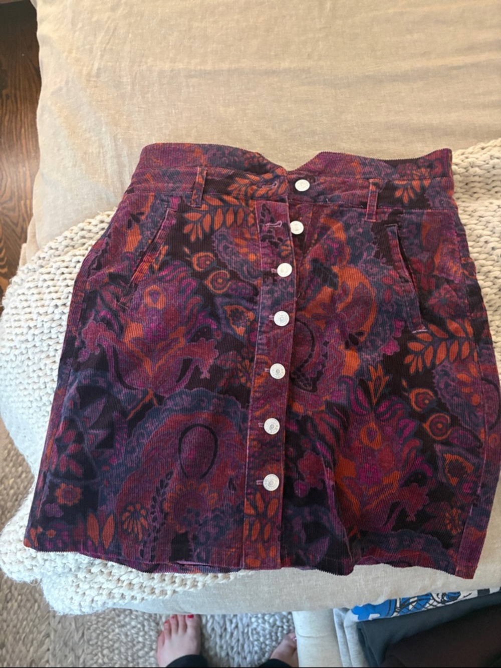 Pilcro Purple-Orange Patterned Button-Front Corduroy high waisted Mini Skirt